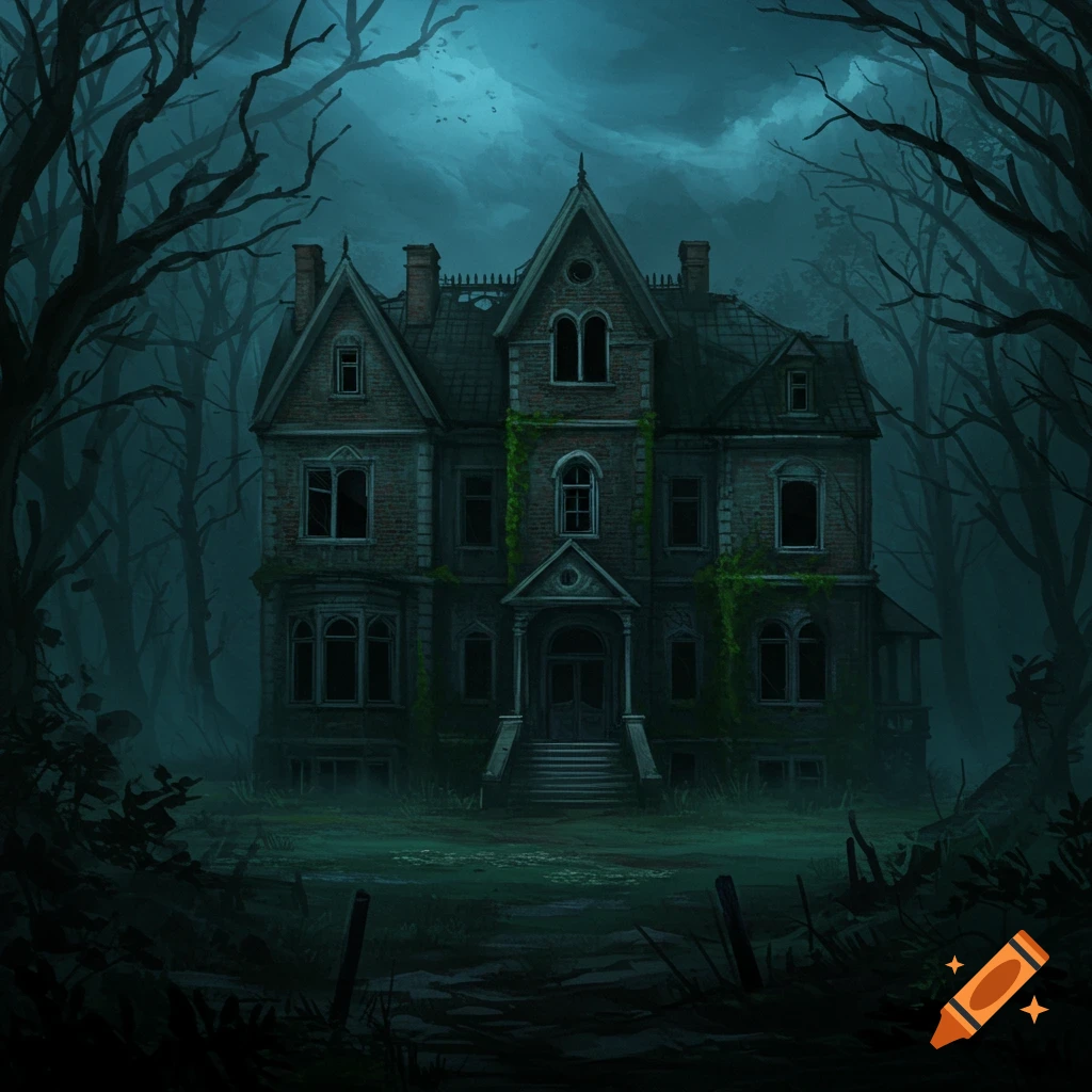Scary abandoned mansion in a dark forest.