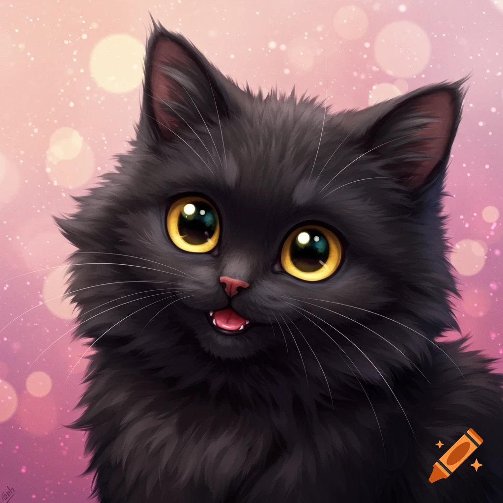 A cute black cat with large yellow eyes.