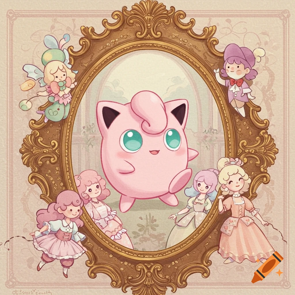 Digital illustration of Jigglypuff in an ornate rococo frame surrounded by small pastel figures in dresses.