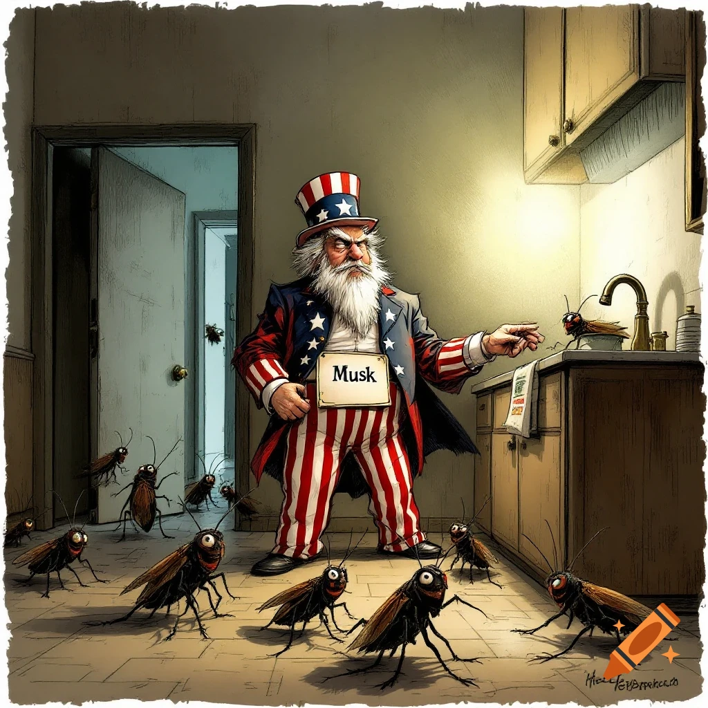 Uncle Sam figure labeled "Musk" stands in a kitchen pointing at scattering cockroaches with human faces, illustration.