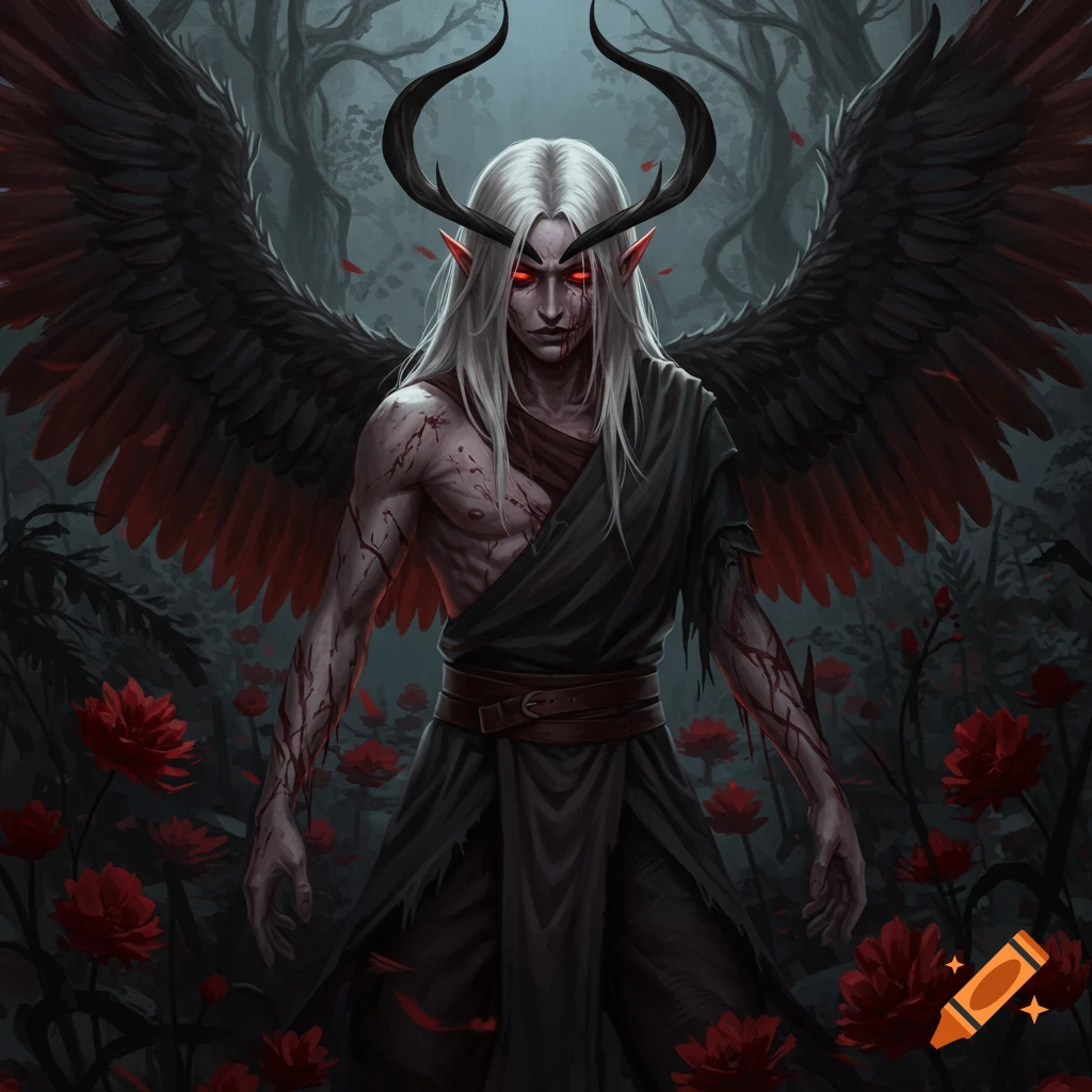 An illustration of a fallen aasimar with white hair, horns, black wings, and blood spatter, standing in a dark forest with red flowers.
