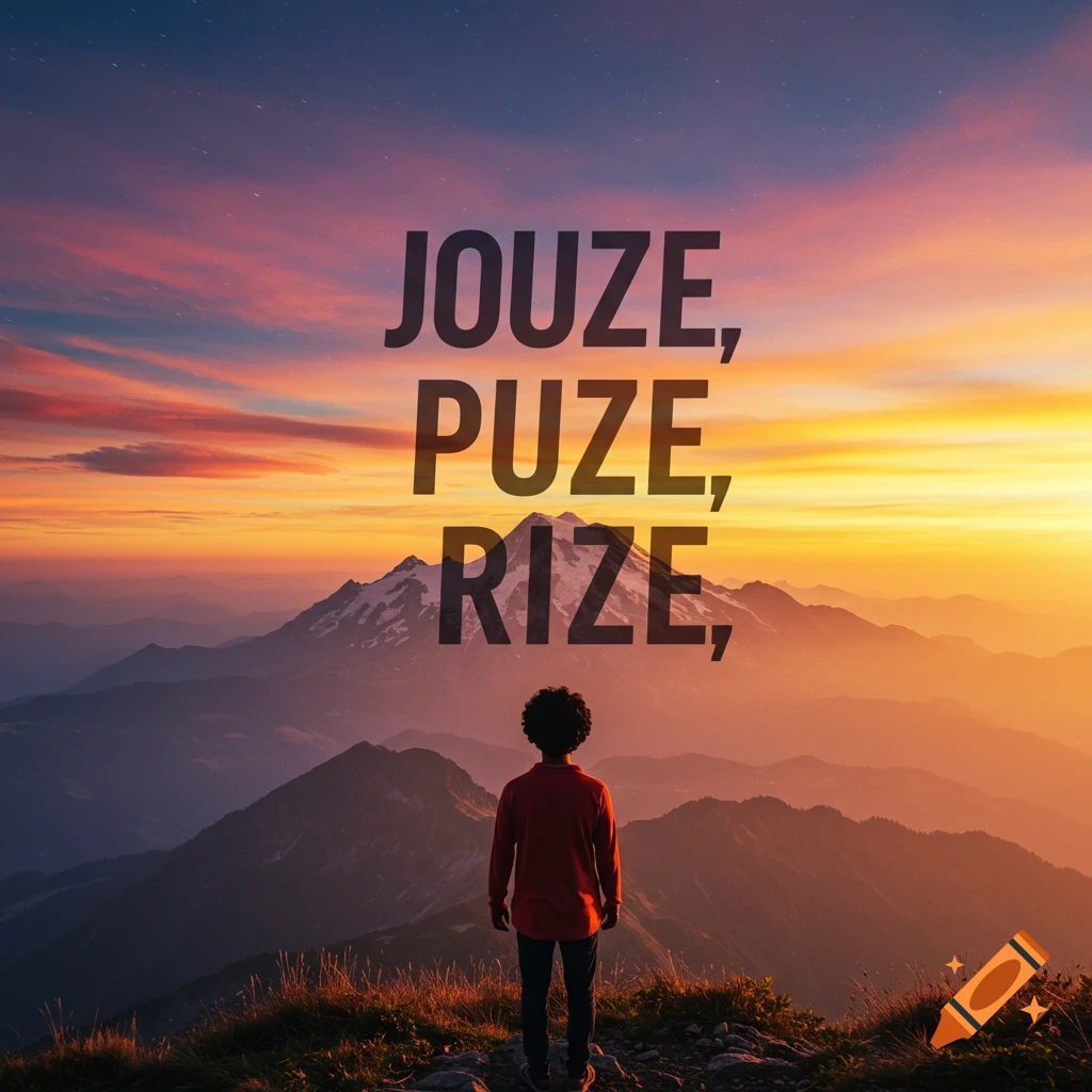 A person stands on a mountain overlooking a valley at sunset with "JOUZE, PUZE, RIZE," overlaid.