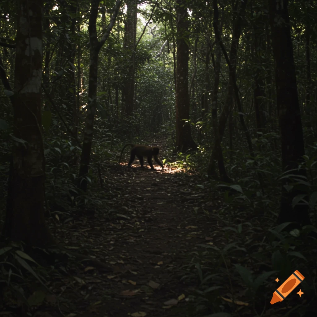 A dark monkey walks on a sunlit patch of a dim forest trail, like trail camera footage.