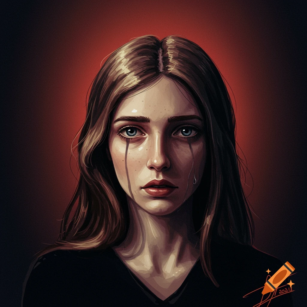 A woman with tear streaks on her face and blue eyes against a red background.