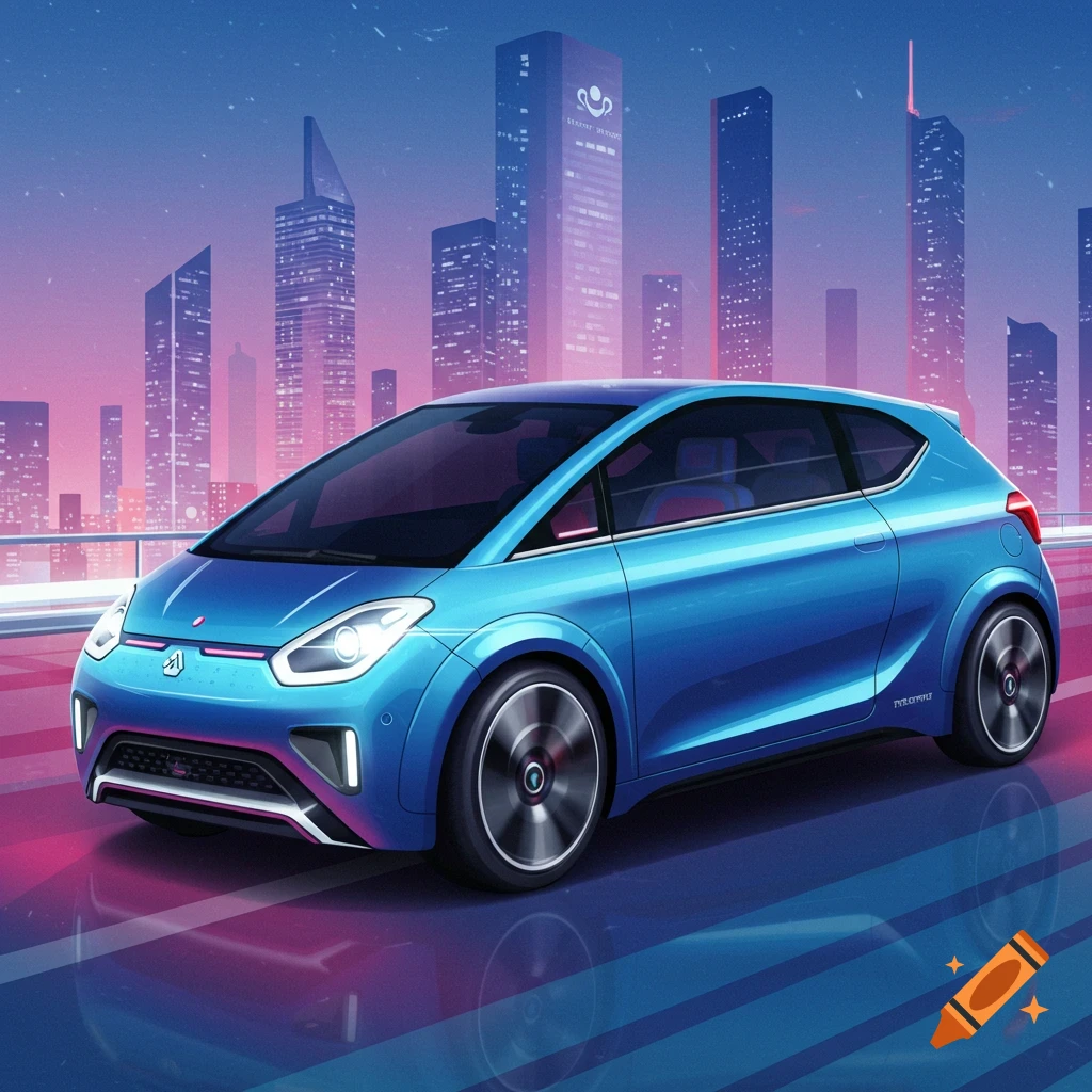 Blue futuristic car drives through a bright digital cityscape at night.