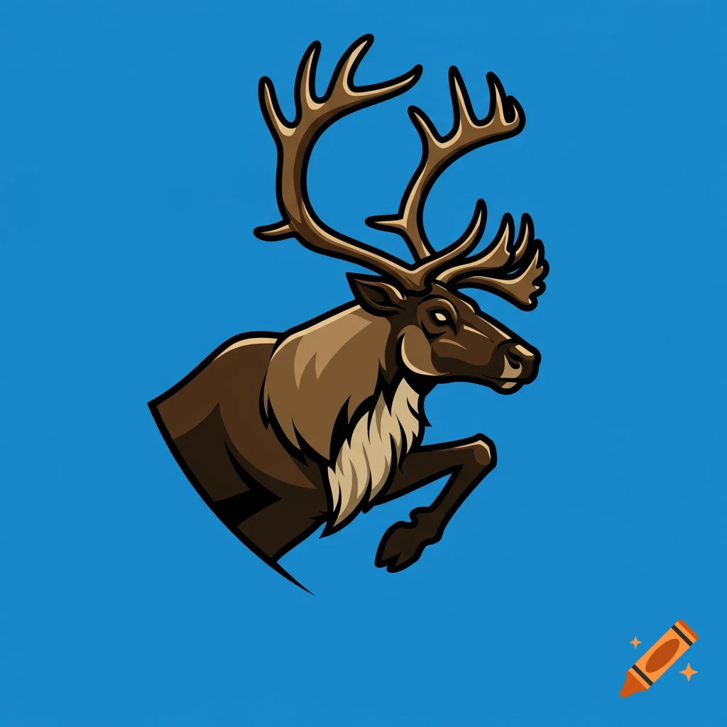 Stylized caribou head leaping logo on a blue background.