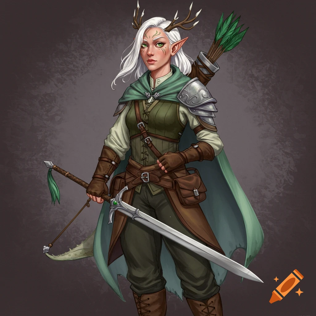 Female fantasy character with antlers, armor, bow, and sword.