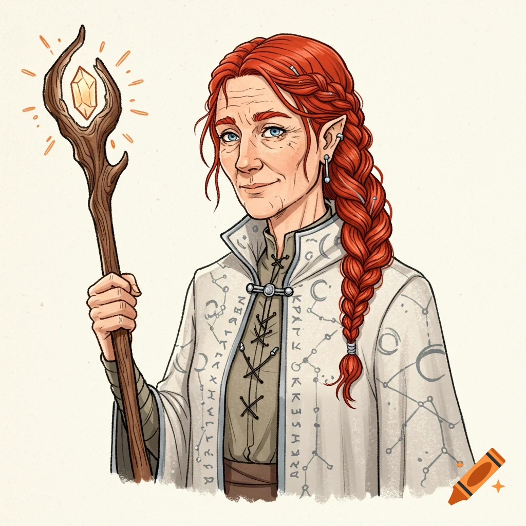 Vintage illustration of a middle-aged female elf wizard with red braided hair, wearing a white robe with symbols, holding a crystal staff.