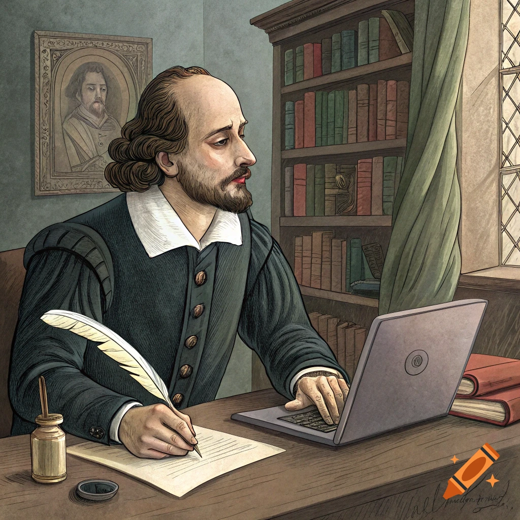 William Shakespeare writes with a quill and types on a laptop at a desk.