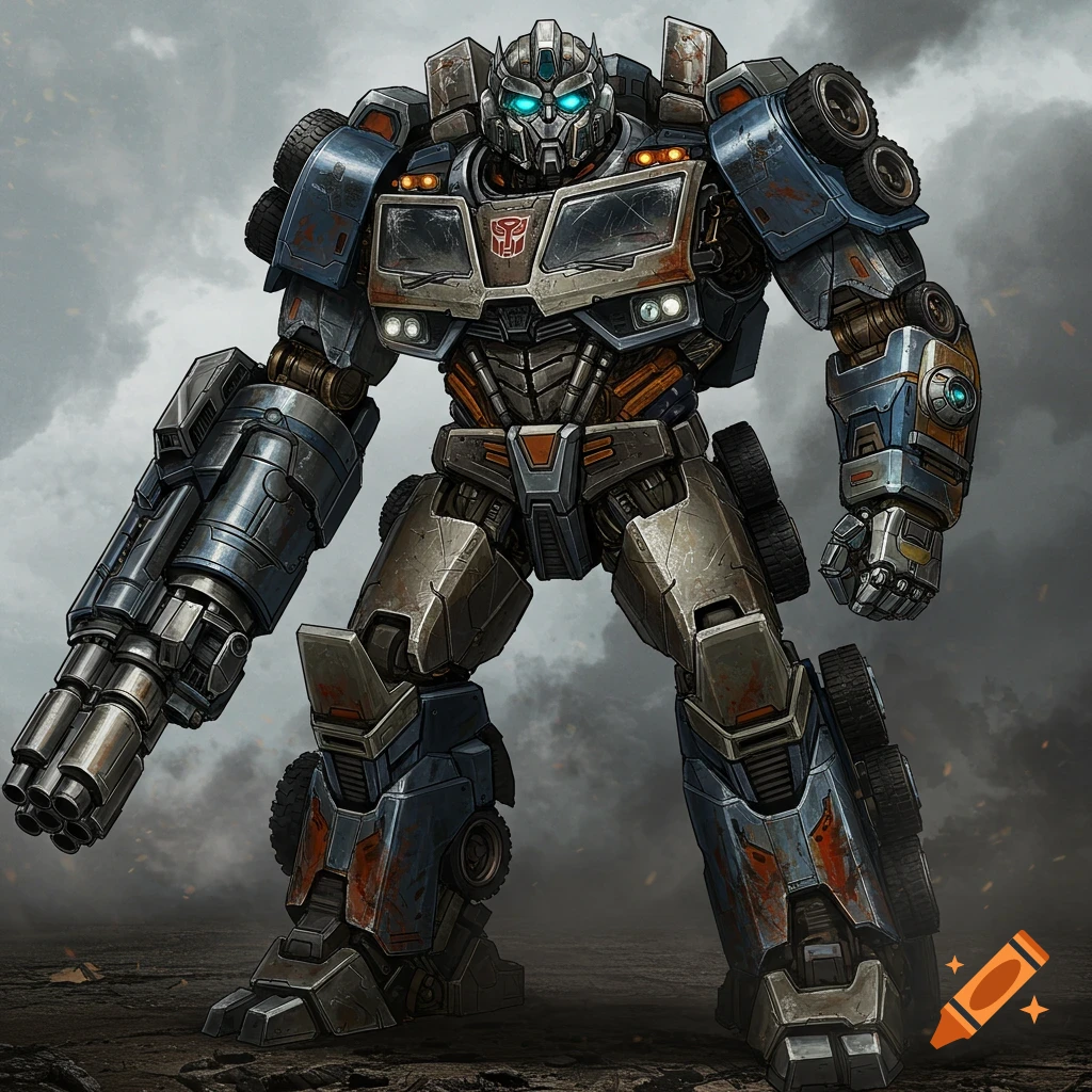 A bulky, battle-worn robot with glowing blue eyes and a large cannon stands against a stormy sky.