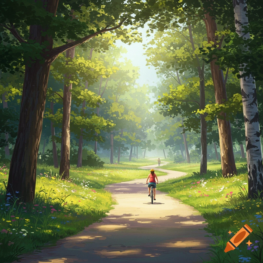 A person cycles on a sunny path through a forest.