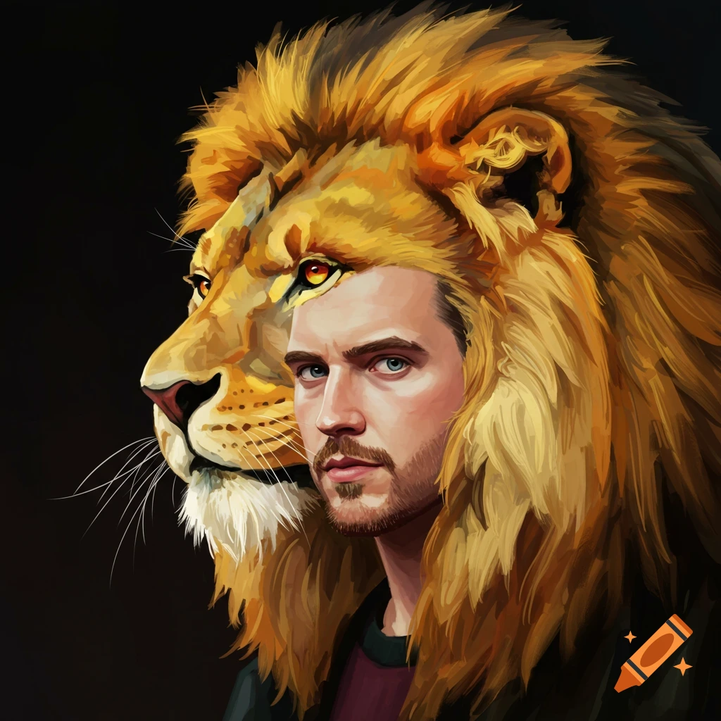Image of a man's face merging with a lion's head.