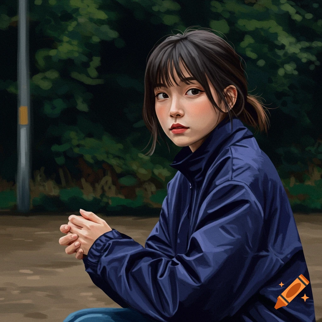 A young woman in a blue jacket is sitting outdoors.
