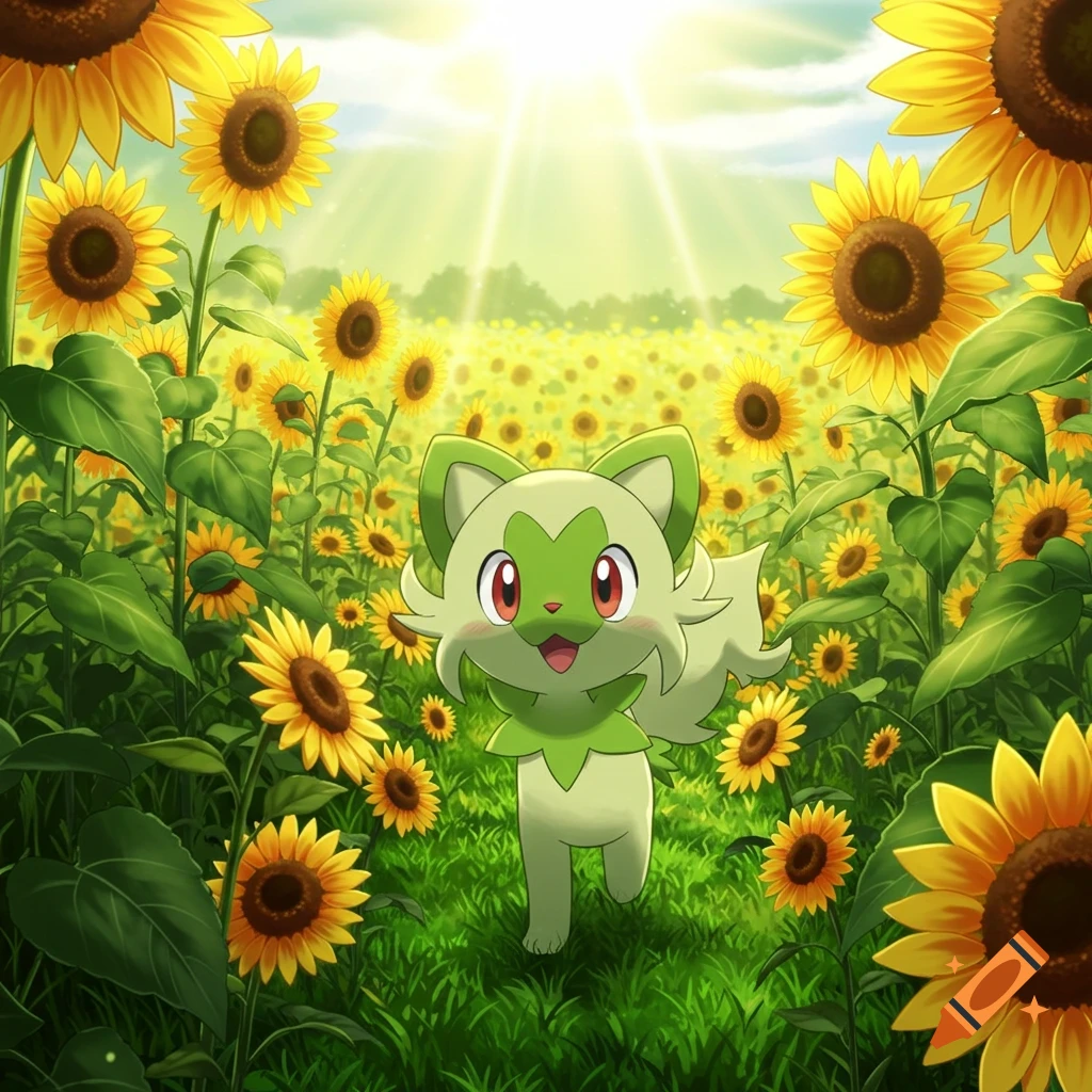An anime illustration of Sprigatito walking through a field of sunflowers with the sun shining.