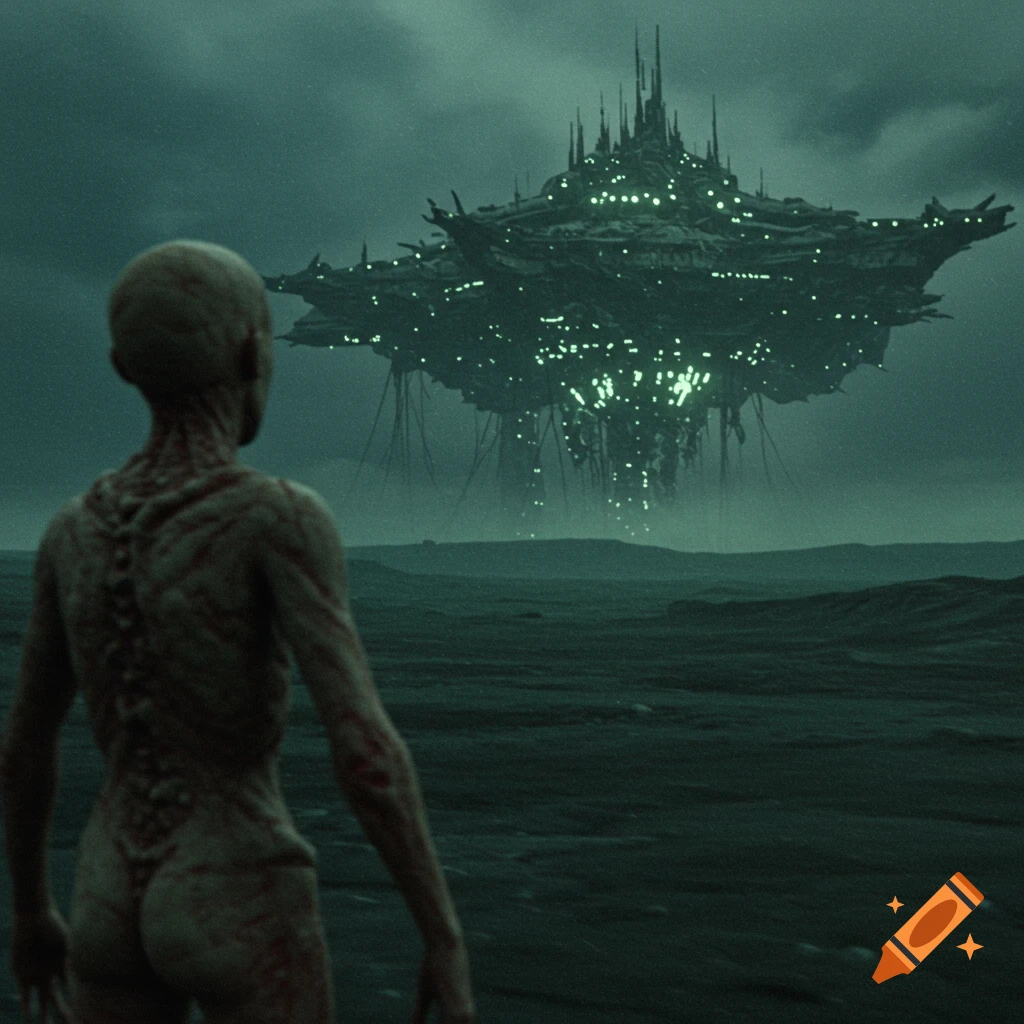 Figure views a bio megastructure floating over water under dark skies.