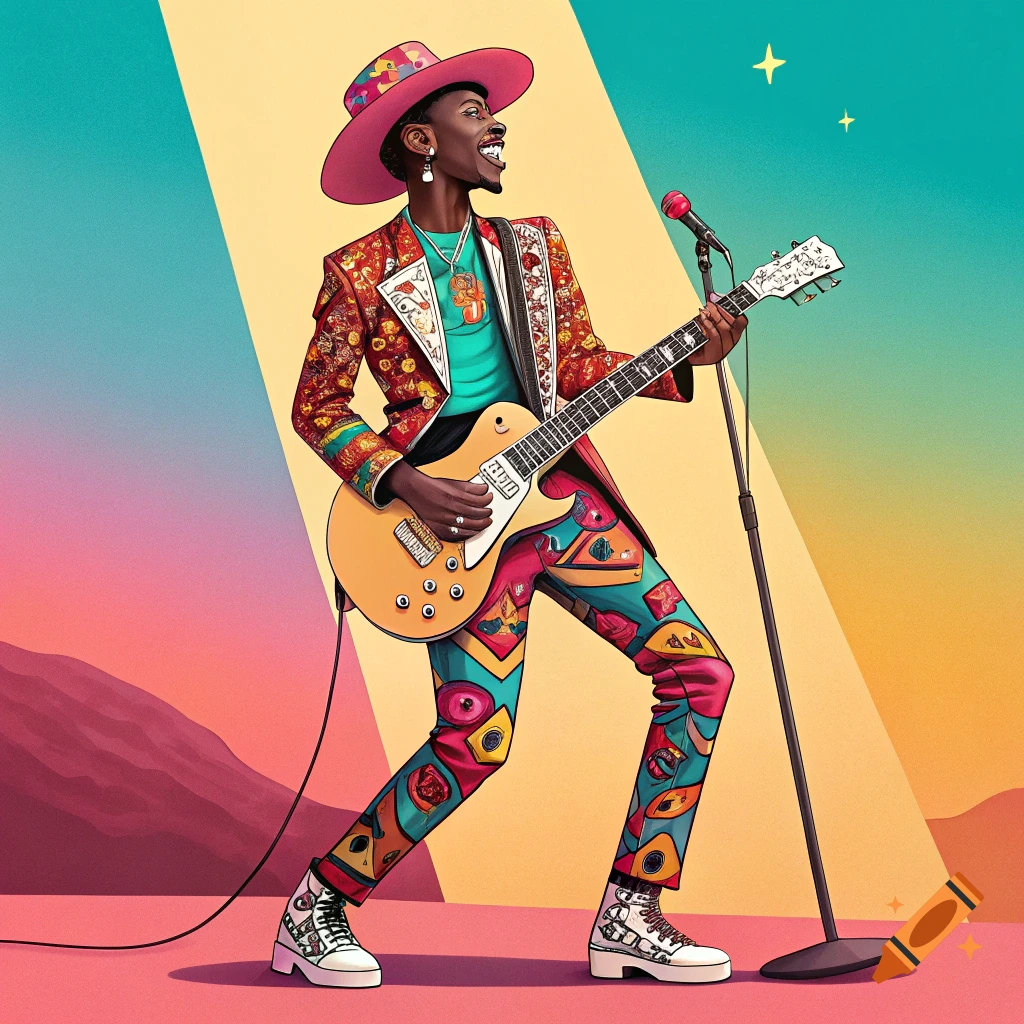 Stylized portrait of a musician in a colourful suit playing a guitar on stage.