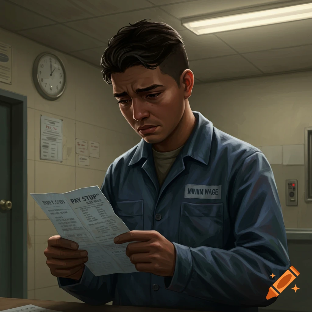 A man in a uniform looks sadly at a paystub.