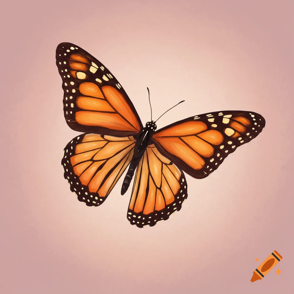 A monarch butterfly with orange and black wings against a pink background.