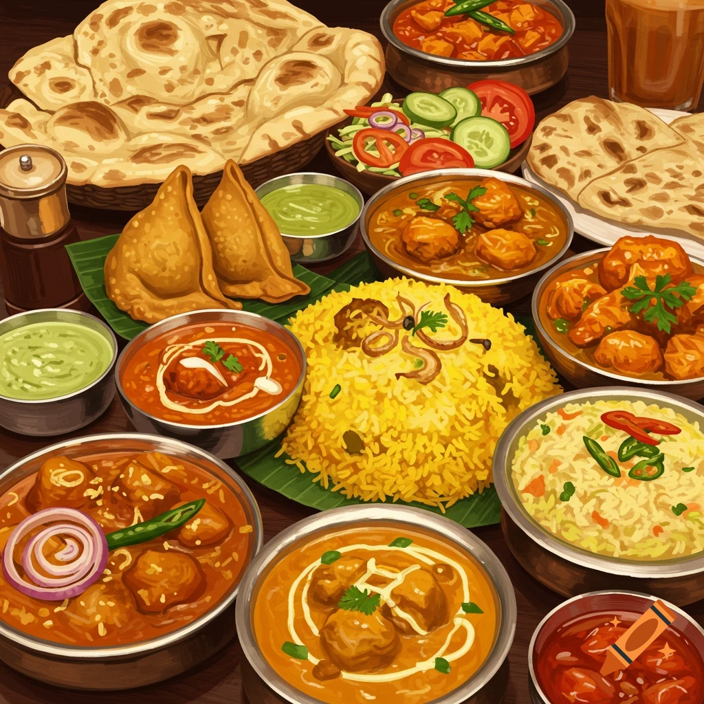 A table laden with various Indian food dishes, including curries, rice, naan bread, and samosas.