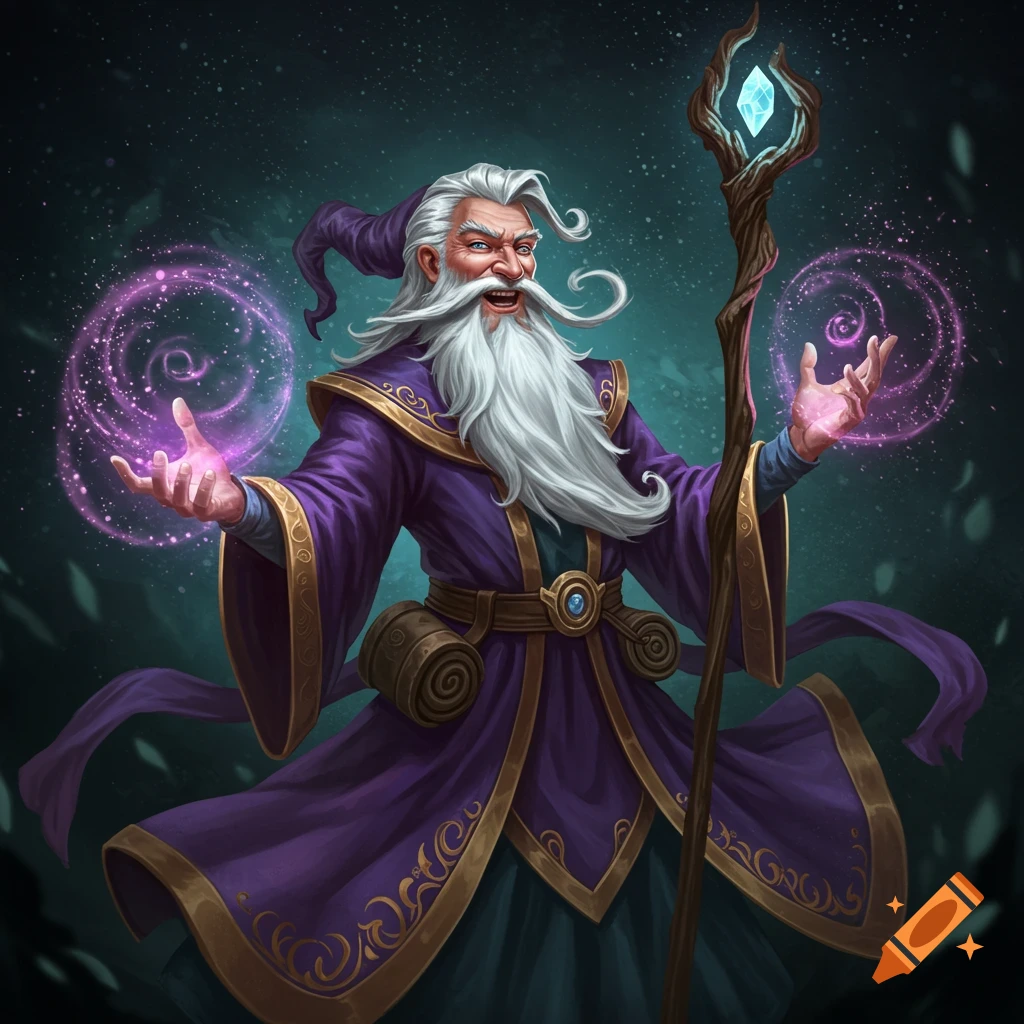 A wizard casting a purple spell.