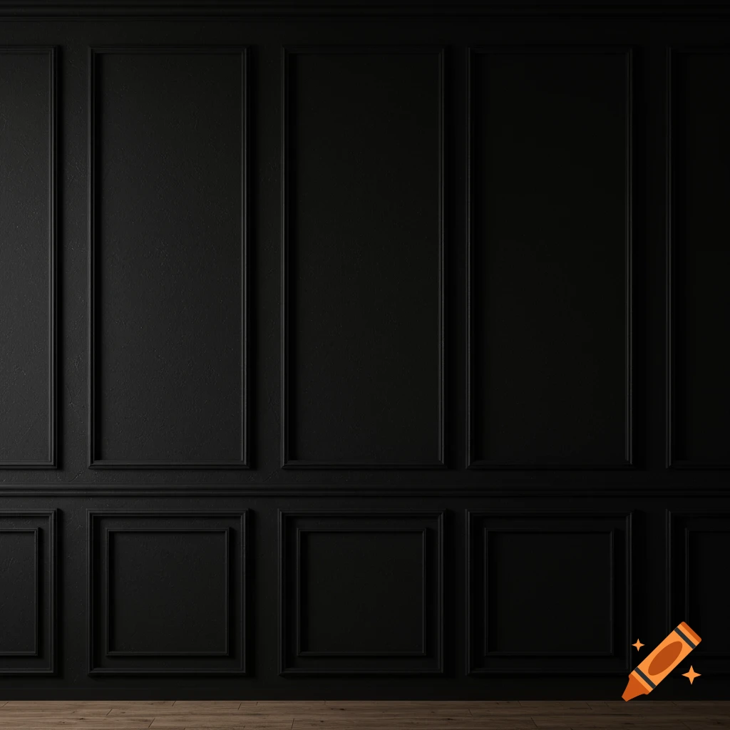 Black wall paneling and a wooden floor.