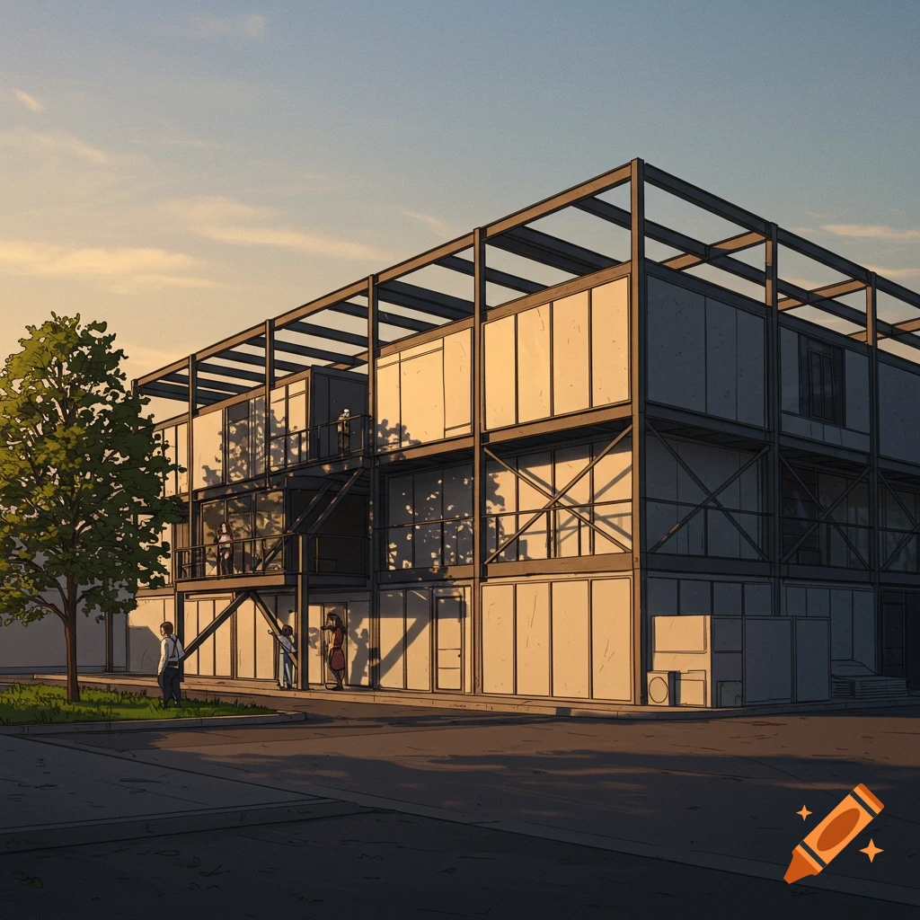 A steel-framed modular building is located outdoors with people and a tree under a sunny sky.