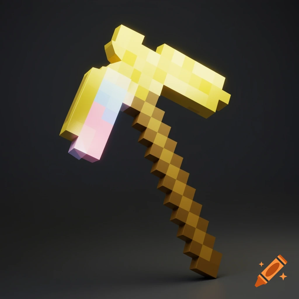 A 3D render of a golden Minecraft pickaxe with a pink, blue, and yellow gradient head on a dark background.