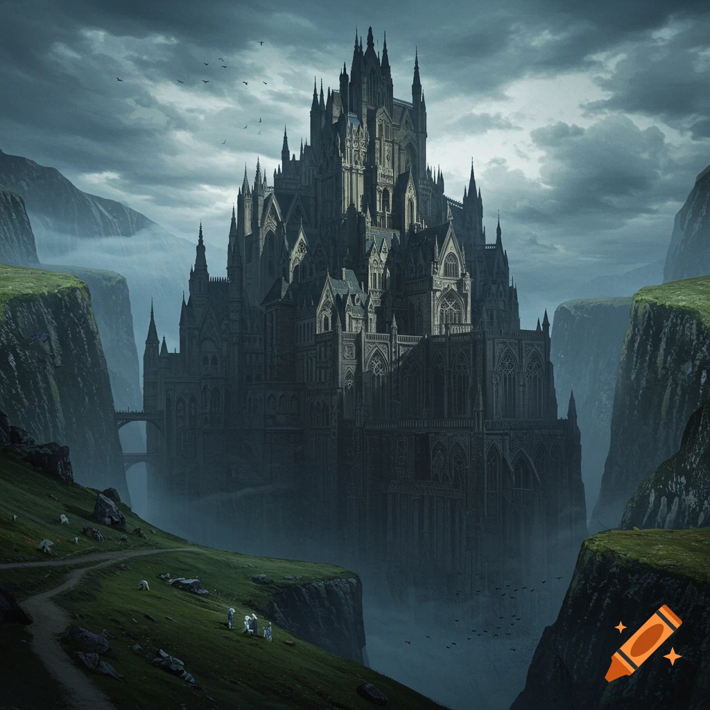 A sprawling gothic castle nestled in a misty mountain valley with sheep on a grassy hill.