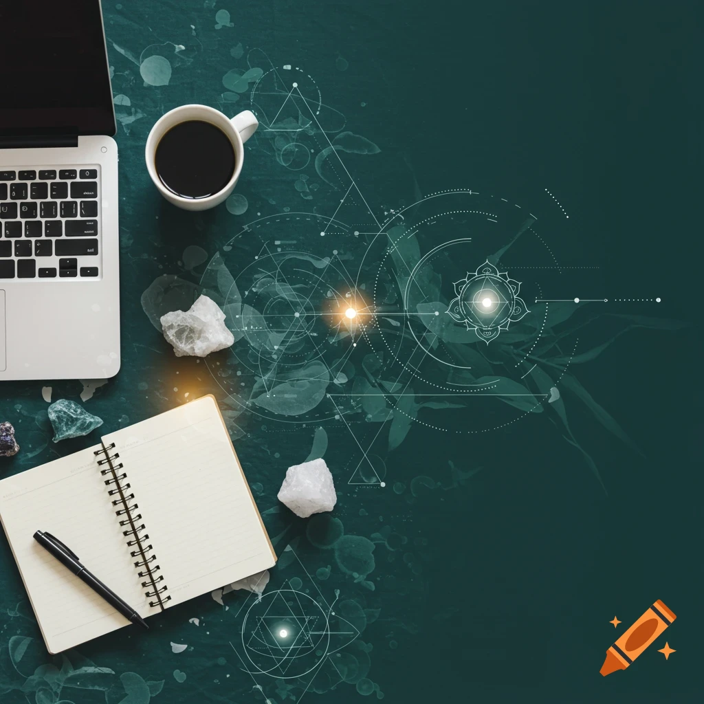 Overhead view of a modern workspace with laptop, coffee cup, notebook, and crystals, overlaid with spiritual geometric symbols.