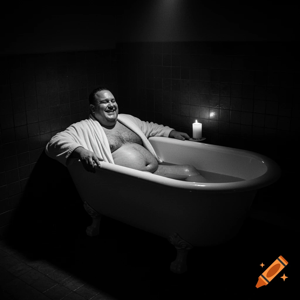 Large man smiling in a dimly lit bathtub with a candle, black and white photo.
