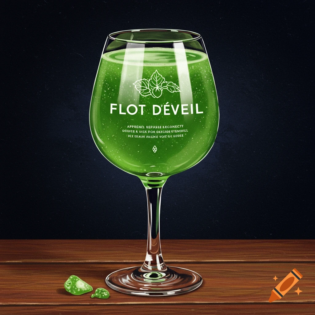 A glass filled with green liquid sits on a wooden table. Text is on the glass.
