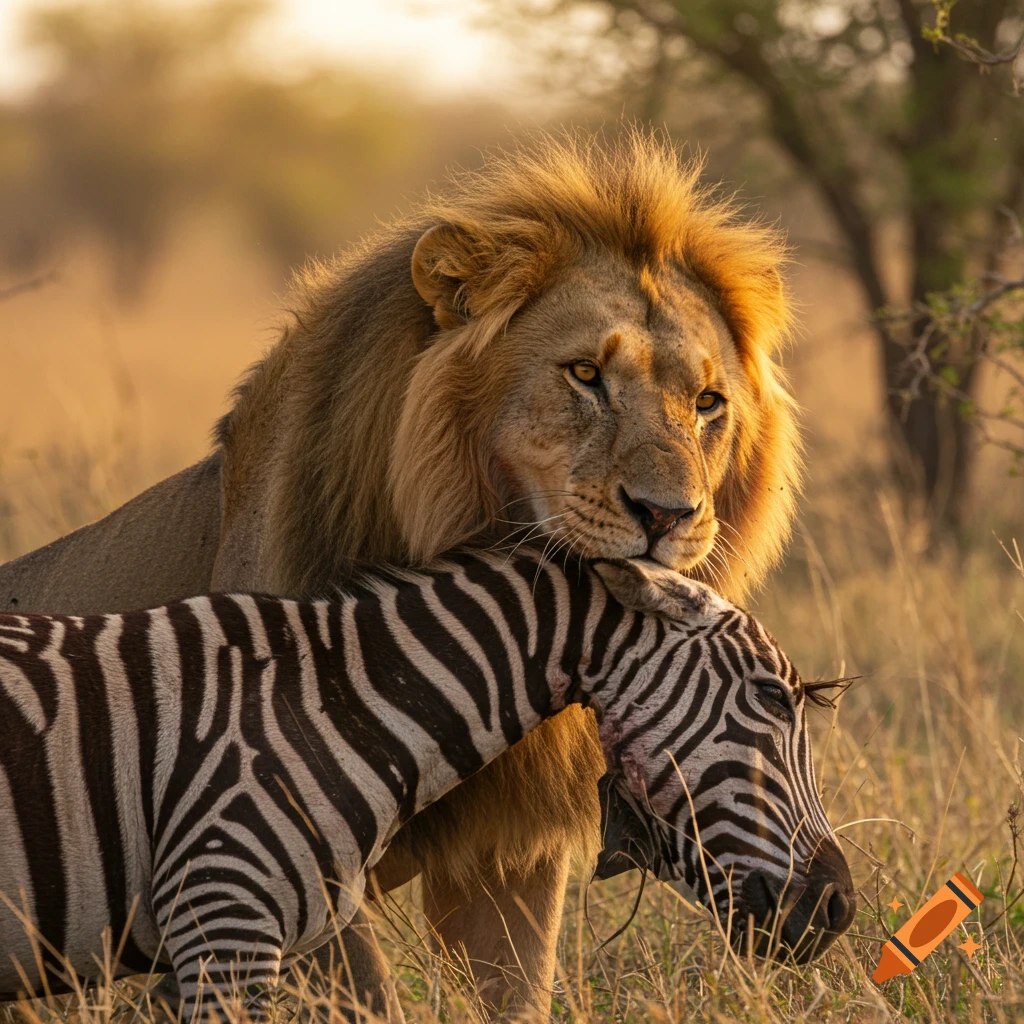 Photorealistic image of a lion standing over a zebra in a grassy field at sunset.