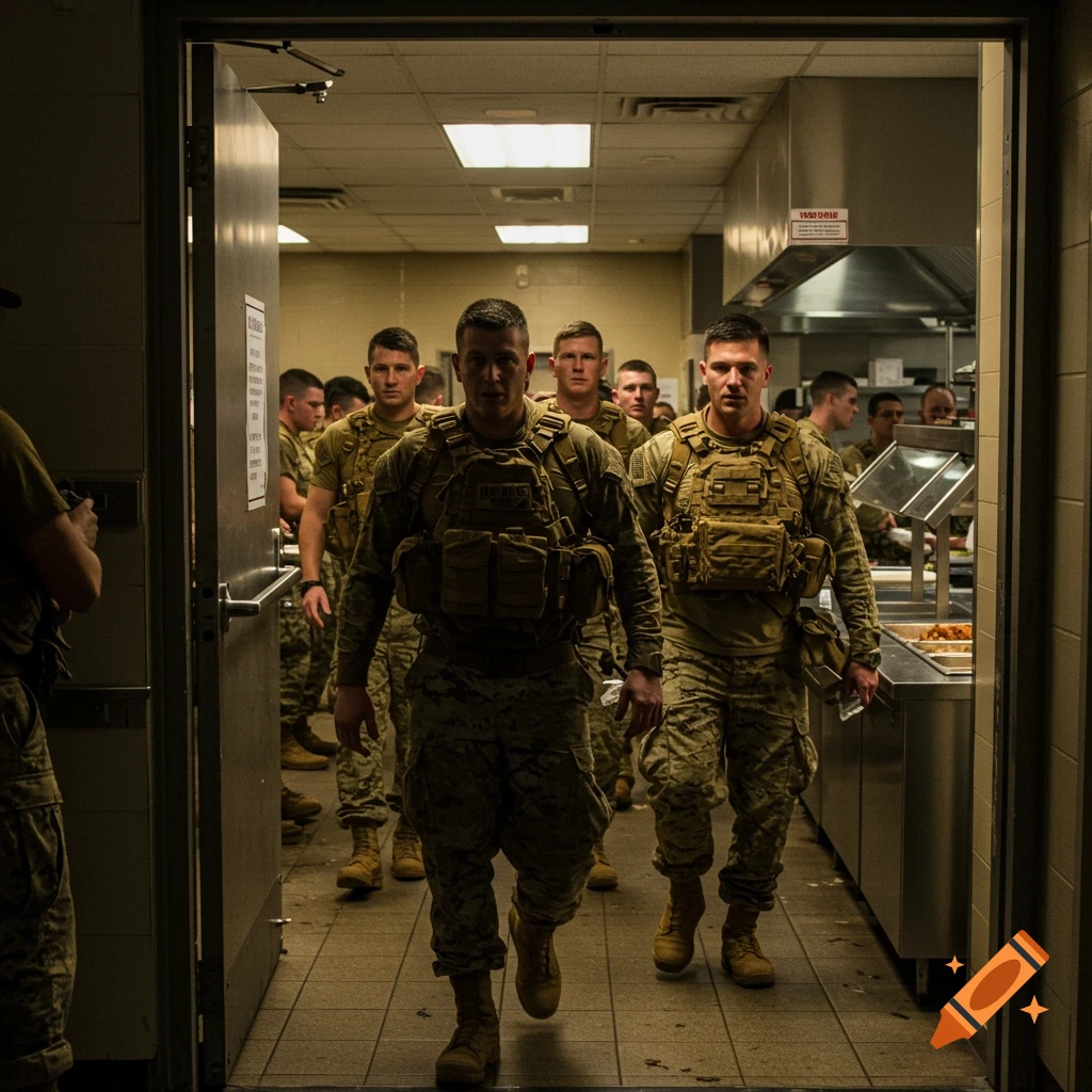 Soldiers in tactical gear walk into a dim chow hall.