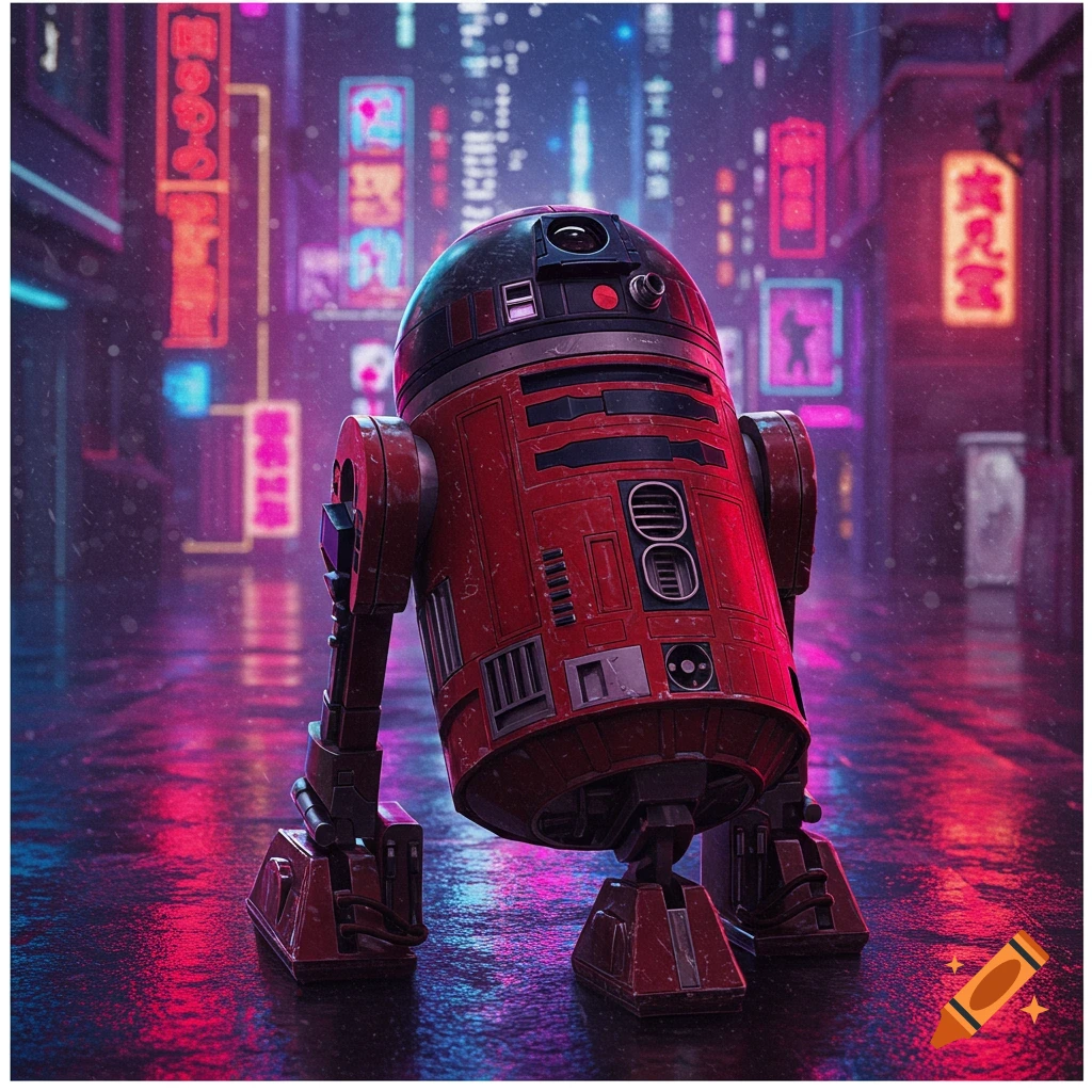 A red robot stands in a rainy, neon-lit cyberpunk city street at night. Reflections of neon signs are on the wet ground.