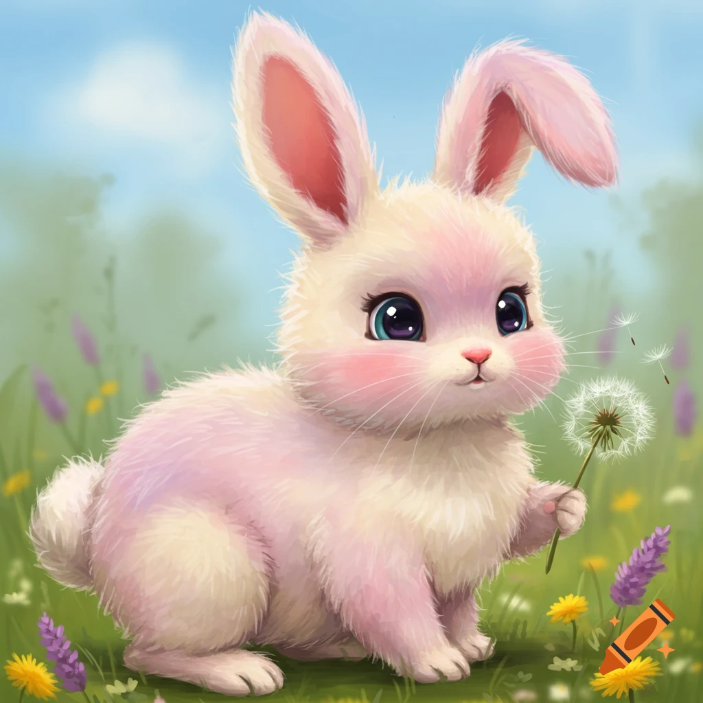 A cute fluffy white and pink bunny holding a dandelion in a field of flowers.