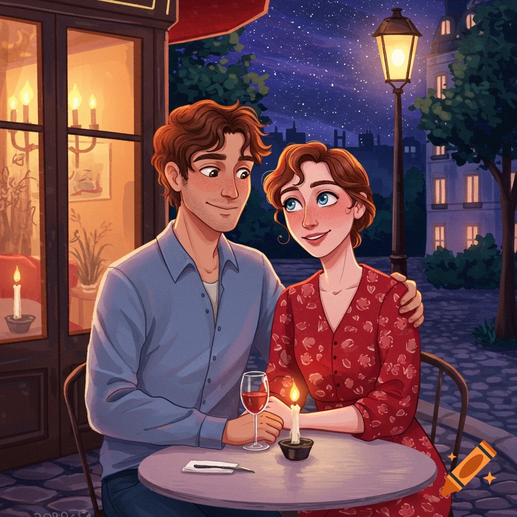 A couple on a romantic date at an outdoor cafe at night.