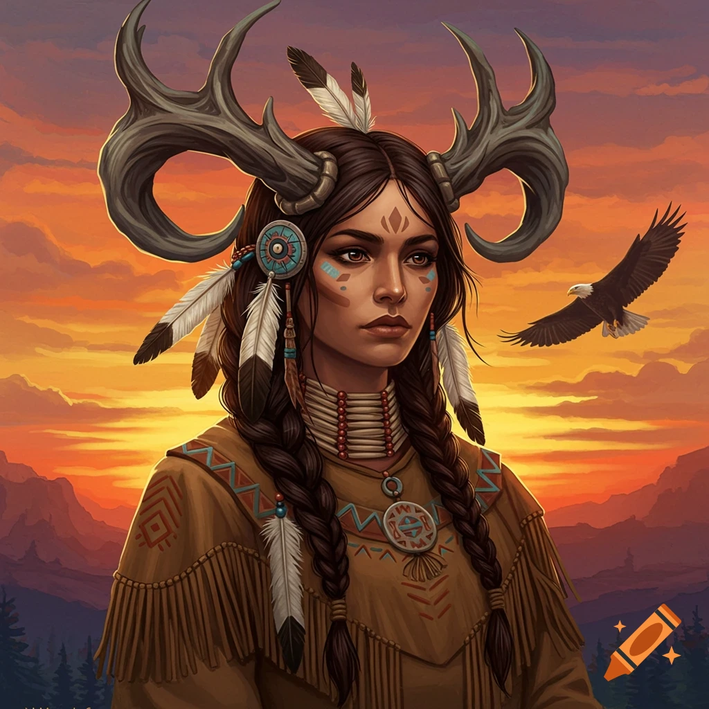 A Native American woman with antlers, feathers, and traditional clothing, with an eagle flying at sunset.