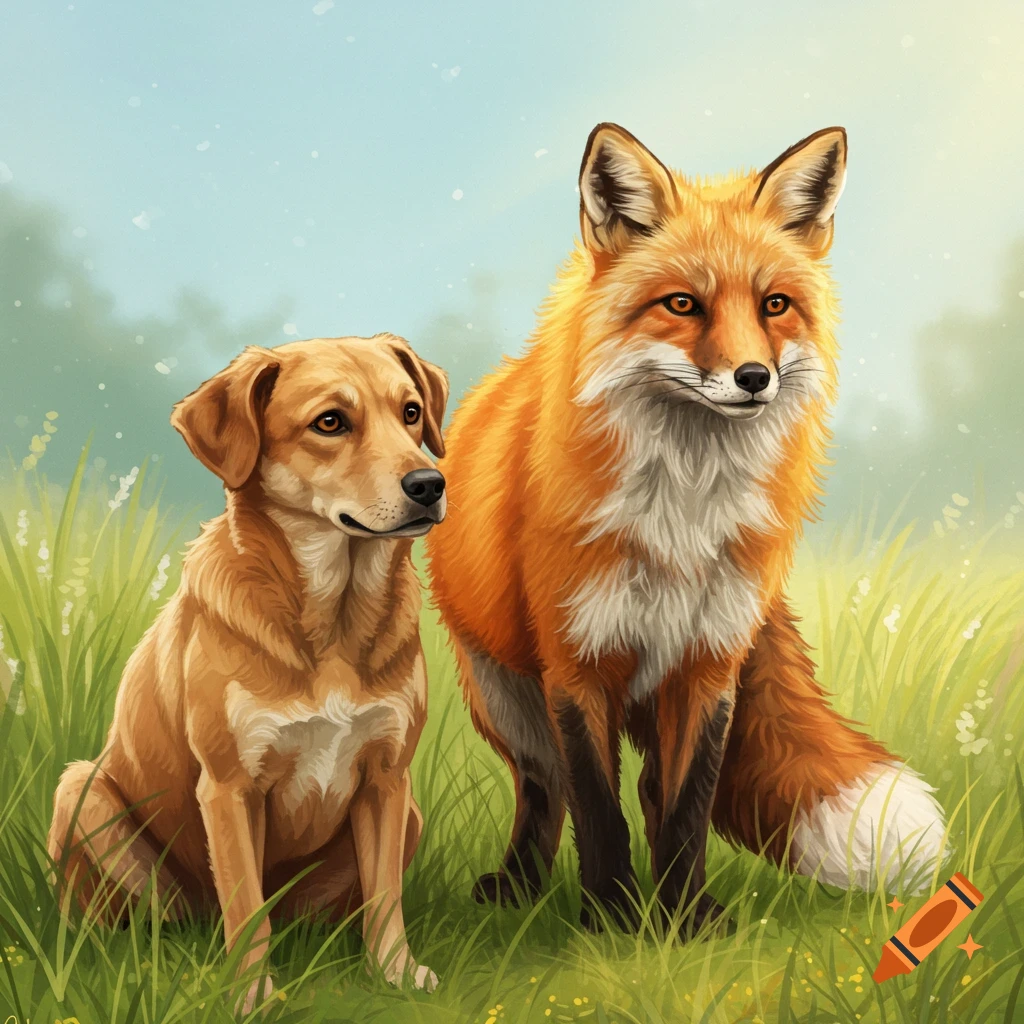 An orange fox and a brown dog sitting together in a grassy field.