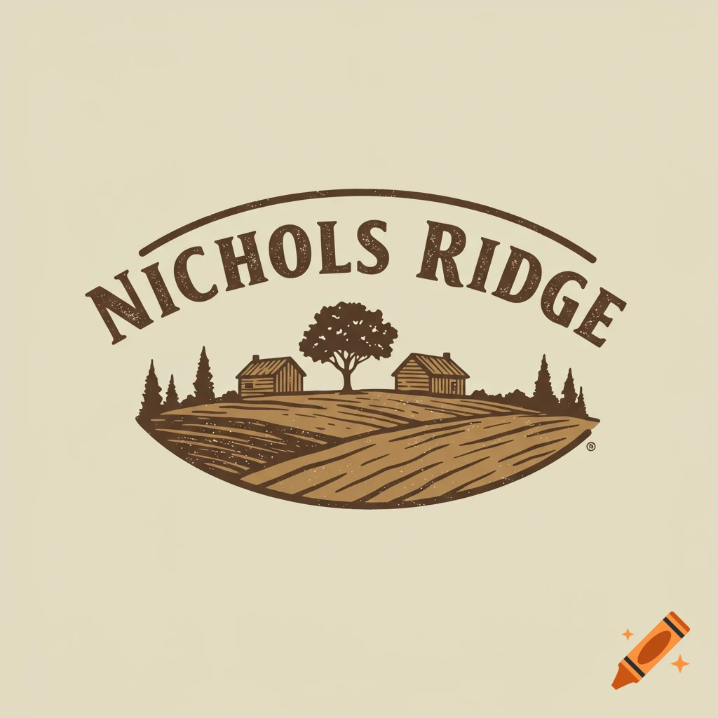 Rustic logo with the text "Nichols Ridge" above a scene of cabins, trees, and a field.