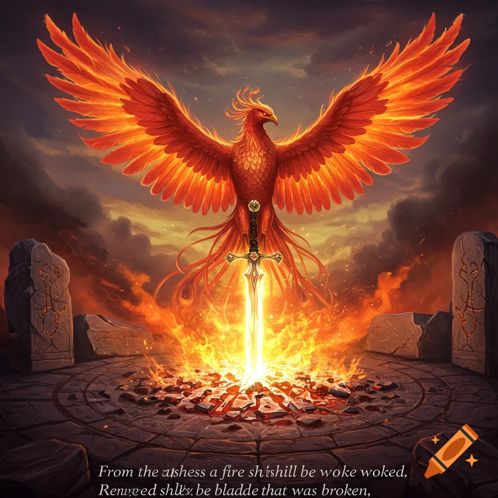 A fiery red phoenix with spread wings hovers over a glowing sword plunged into the ground, surrounded by flames and ancient stones in a fantasy setting.