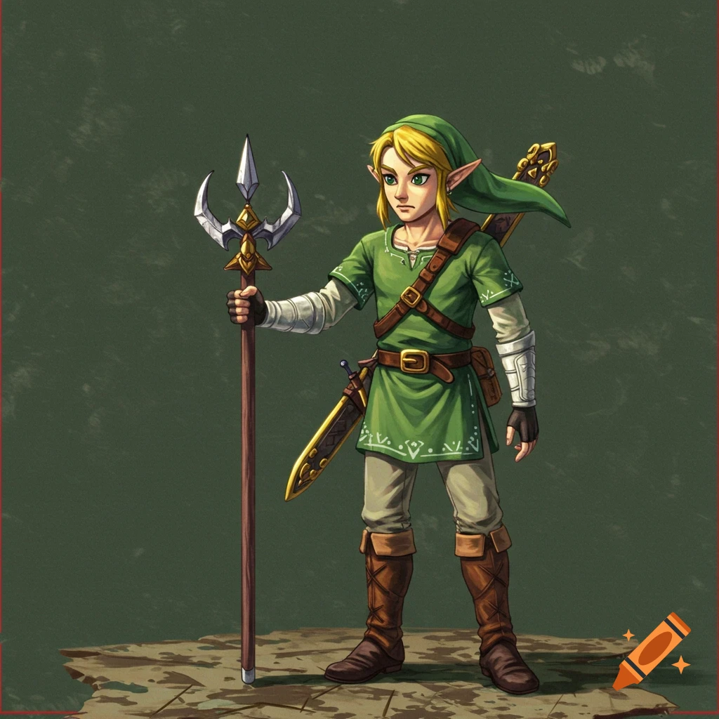 Illustration of Link from Legend of Zelda holding a trident