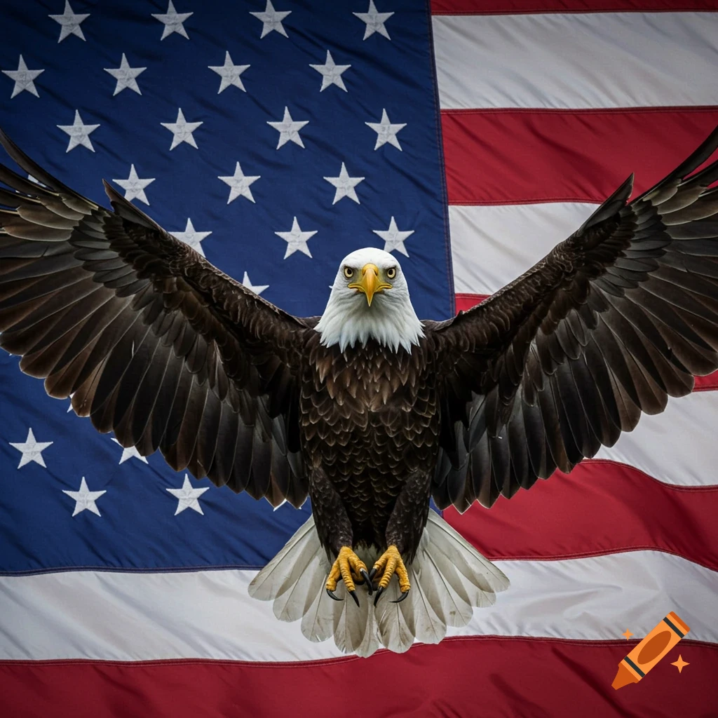 A bald eagle with outstretched wings in front of an American flag