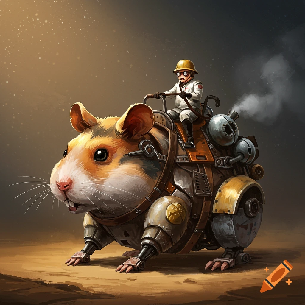 A person rides a mechanical hamster contraption.