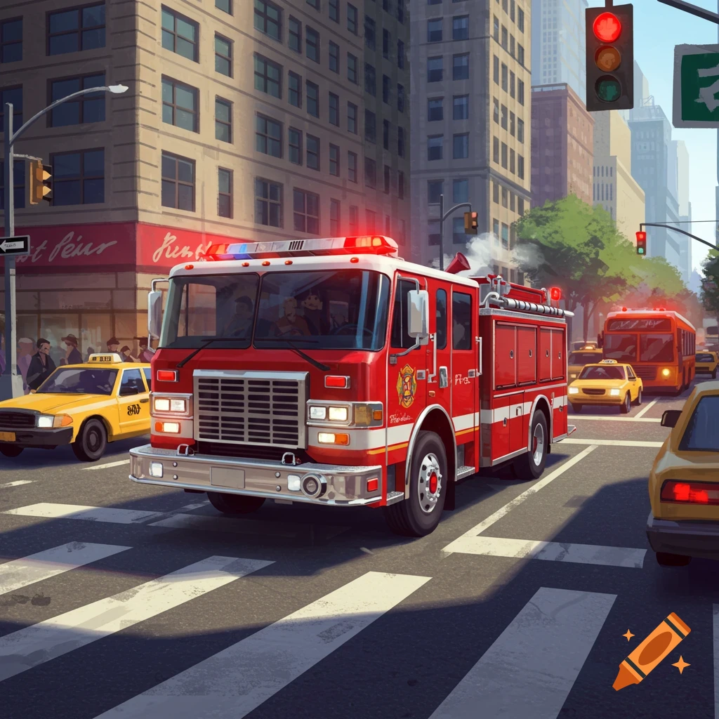 A red fire engine drives through a busy city intersection.