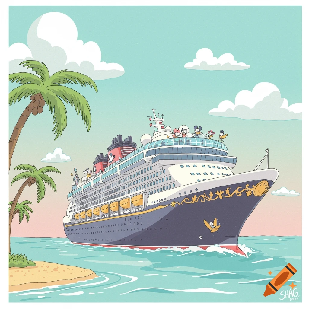 Cartoon illustration of a Disney cruise ship sailing past a tropical island with palm trees and Disney characters on deck.