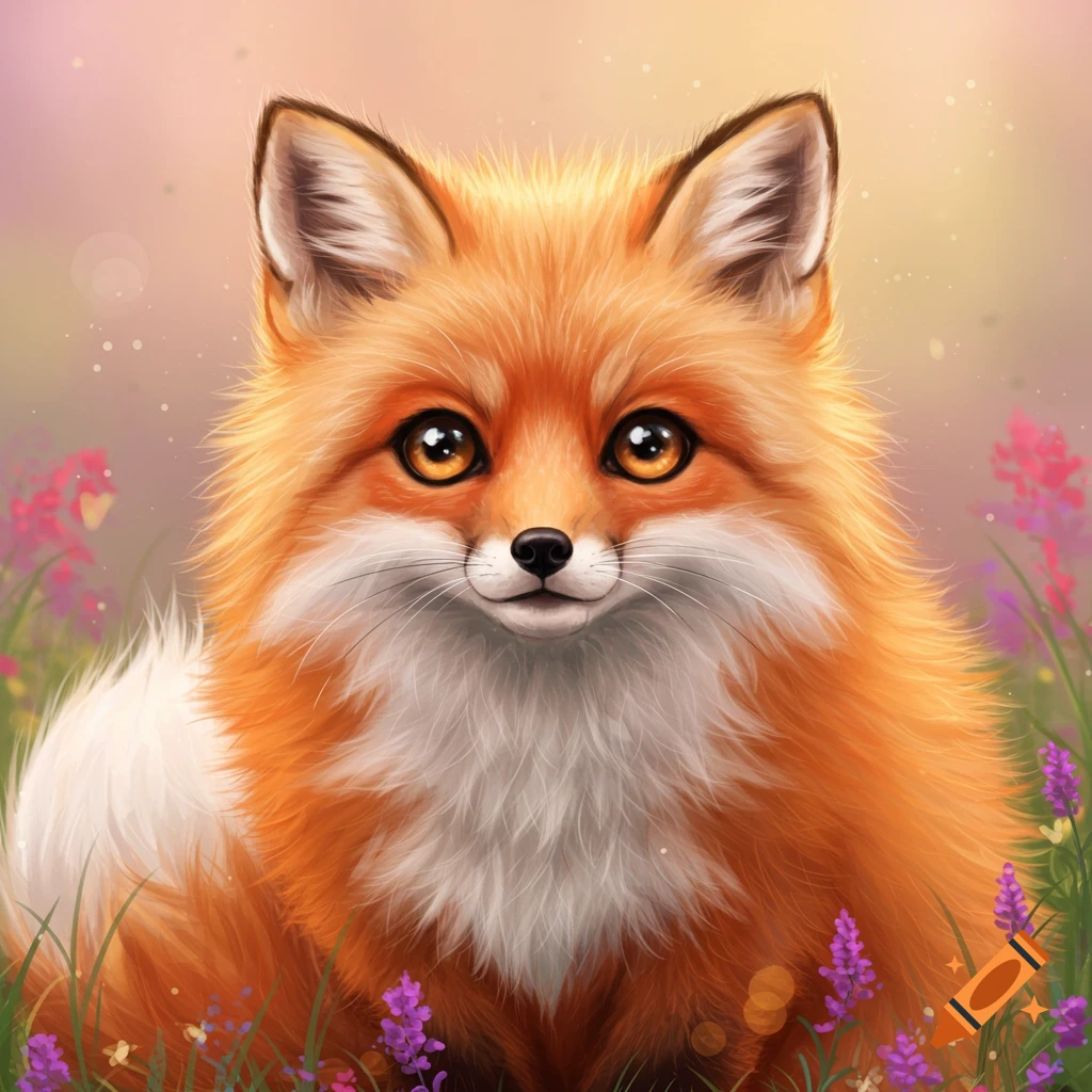 A cute red fox sitting in a field of purple flowers.
