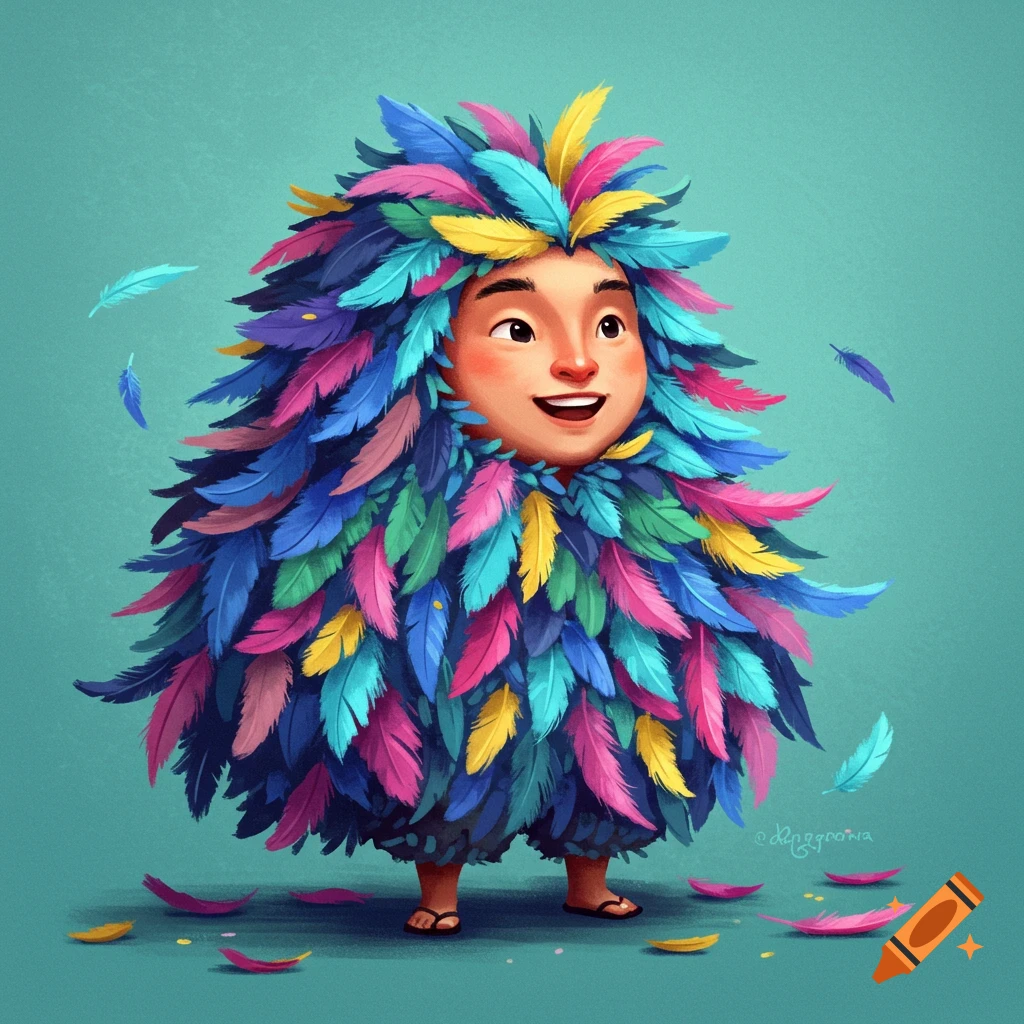 A small person covered in colorful feathers.