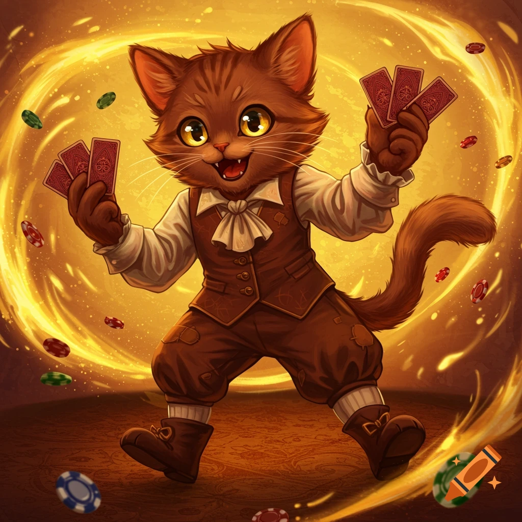 Cartoon cat dressed in a vest and breeches playing cards in a magical, golden light.