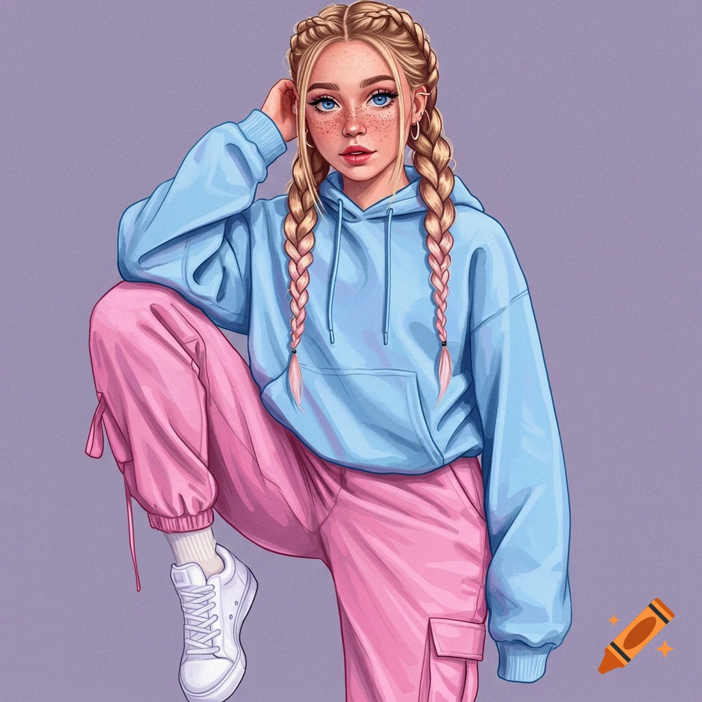 A young woman with braided blonde hair and freckles wears a blue hoodie and pink cargo pants.