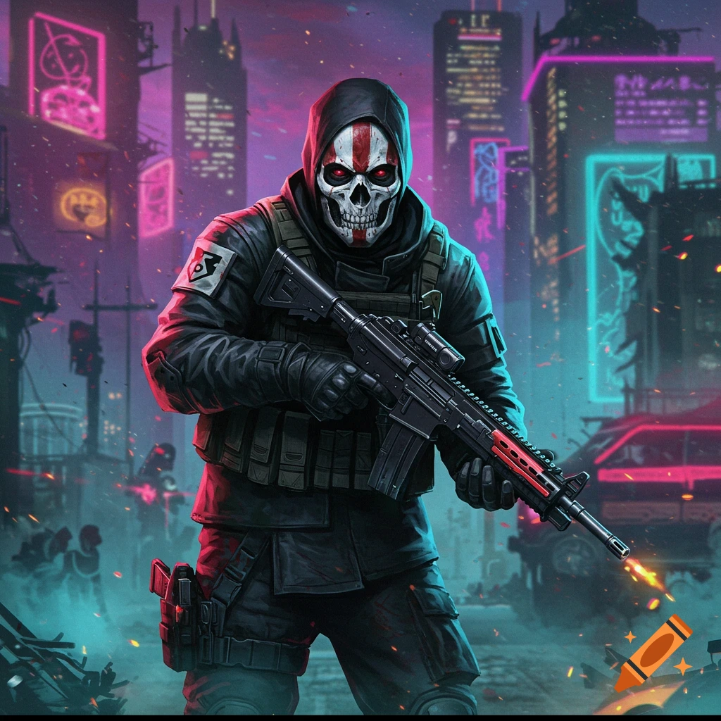 A masked figure with a skull face holding a rifle in a cyberpunk city at night.